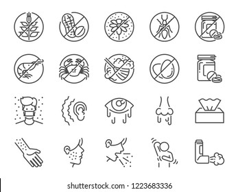 Allergies icon set. Included the icons as allergic diseases, dust allergy, food allergy, rhinitis, sinus Infection, asthma and more.