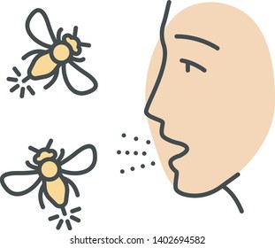 Allergies to insect stings color icon. Hypersensitivity of immune system. Human face and flying insects. Allergic reaction to wasps, hornets and bees bites. Isolated vector illustration