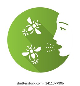 Allergies to insect stings flat design long shadow glyph icon. Human face and flying insects. Allergic reaction to wasps, hornets and bees bites. Medical problem. Vector silhouette illustration