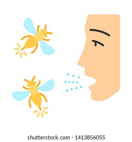 Allergies to insect stings flat design long shadow color icon. Human face and flying insects. Allergic reaction to wasps, hornets and bees bites. Medical problem. Vector silhouette illustration