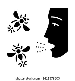 Allergies to insect stings glyph icon. Hypersensitivity of immune system. Allergic reaction to wasps, hornets and bees bites. Silhouette symbol. Negative space. Vector isolated illustration