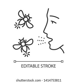 Allergies to insect stings linear icon. Hypersensitivity of immune system. Human face and flying insects. Thin line illustration. Contour symbol. Vector isolated outline drawing. Editable stroke