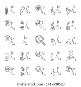 Allergies linear icons set. Allergen sources. Hypersensitivity of immune system. Allergic disease. Medical healthcare. Thin line contour symbols. Isolated vector outline illustrations. Editable stroke