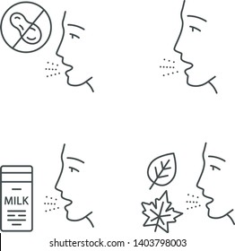 Allergies linear icons set. Peanut, milk, dust, mold intolerance. Allergic diseases. Medical problem. Thin line contour symbols. Isolated vector outline illustrations. Editable stroke