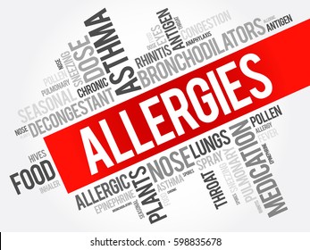 Allergies - occur when your immune system reacts to a foreign substance, word cloud concept background