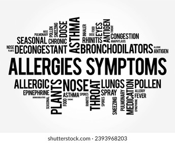 Allergies symptoms - the physical and physiological responses that occur when a person's immune system reacts to a substance that is typically harmless to most individuals, word cloud concept