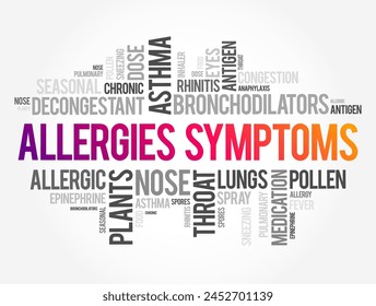 Allergies symptoms - the physical and physiological responses that occur when a person's immune system reacts to a substance that is typically harmless to most individuals, text concept word cloud