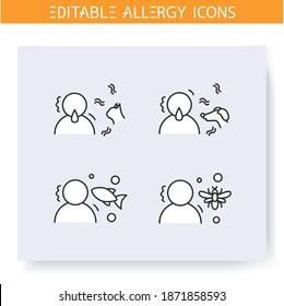 Allergies types line icons set. Dermal, respiratory and digestive allergies. Immunity reaction, immune intolerance and immunotherapy concept. Isolated vector illustrations. Editable stroke 