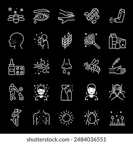 Allergies, white line icons. Allergic reactions to food, pollen, dust, and other allergens. Ideal for healthcare and wellness themes. Symbols on black background. Editable stroke.