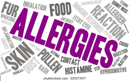 Allergies word cloud on a white background. 