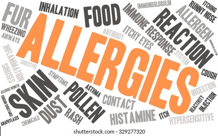 Allergies word cloud on a white background. 