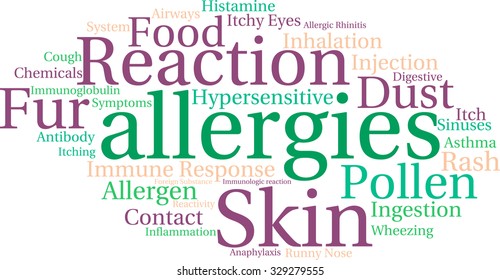 Allergies word cloud on a white background. 