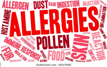 Allergies word cloud on a white background. 