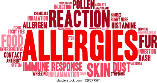 Allergies word cloud on a white background. 