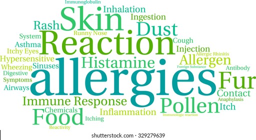 Allergies word cloud on a white background. 