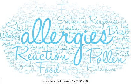 Allergies word cloud on a white background.  