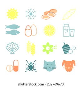 Allergies.Sign,icon symbol allergies.Skin,food allergies,hay fever,cold allergy. Citrus, fish seafood,milk,egg protein,grains,mites,dust,medicines, pollen,cat,dog,animal hair,sun,cold.Vector.