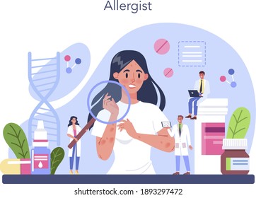 Allergist concept. Disease with allergy symptom, medical allergology diagnostic, testing and treatment. Care for health. Vector illustration in flat style