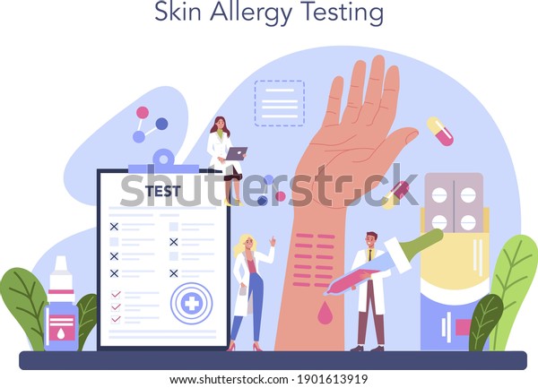 Allergist concept. Disease\
with allergy symptom, medical allergology diagnostic, testing and\
treatment. Care for health. Vector illustration in flat\
style