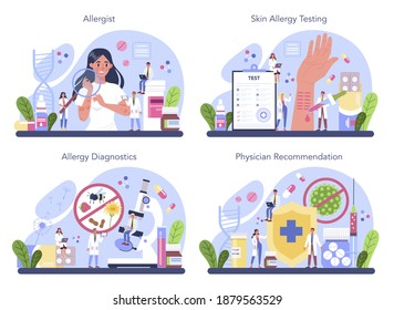 Allergist concept set. Disease with allergy symptom, medical allergology diagnostic, testing and treatment. Care for health. Vector illustration in flat style