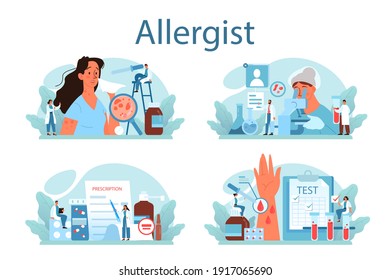 Allergist concept set. Disease with allergy symptom, medical allergology diagnostic, testing and treatment. Care for health. Vector illustration in flat style