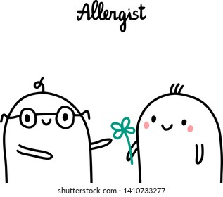 Allergist hand drawn vector illustration in cartoon style. Doctor and patient with flower