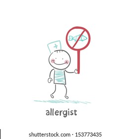 Allergist holds a sign prohibiting fish