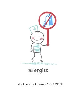 Allergist holds a sign prohibiting milk