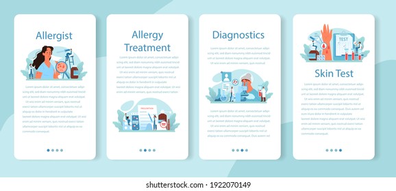 Allergist mobile application banner set. Disease with allergy symptom, medical allergology diagnostic, testing and treatment. Care for health. Vector illustration in flat style