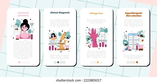 Juego de banners para aplicaciones móviles alérgicas. Examen de los síntomas alérgicos, diagnóstico, análisis y tratamiento de la alergia médica. Salud y medidas preventivas. Ilustración vectorial en estilo plano