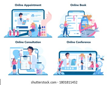 Allergist online service or platform set. Disease with allergy symptom, medical allergology treatment. Online appointment, book, consultation, conference. Vector illustration in flat style