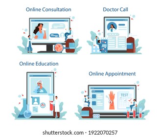 Servicio o conjunto de plataformas en línea de alergia. Síntomas alérgicos, diagnóstico de alergia médica, pruebas y tratamiento. Consulta en línea, cita, educación, llamada. Ilustración plana del vector