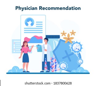 Allergist. Physician recommendation. Disease with allergy symptom, medical allergology treatment. Care for health. Vector illustration in flat style