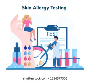 Alérgico. Pruebas de alergia cutánea. Enfermedad con síntoma de alergia, tratamiento de alergia médica. Atención de salud. Ilustración vectorial en estilo plano
