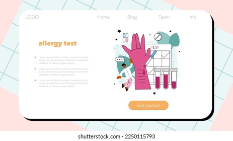 Allergist web banner or landing page. Allergy symptom examination, medical allergology diagnostic, testing and treatment. Healthcare and preventive measures. Vector illustration in flat style