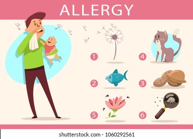 Allergy and allergens: pollen, wool pets, dust mite, food and flowers. Vector cartoon flat infographics. Character of man with runny nose and baby in hands.