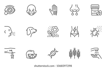 Vektor Line Icons Set von Allergy und Allergens. Allergie gegen Tierhaare, Nahrungsmittel und Pollen, Juckreiz der Haut, erhöhte Tränensekretion. Bearbeitbarer Stroke. 48x48 Pixel perfekt.