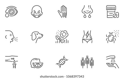 Allergy and Allergens Vector Line Icons Set. Allergy to Animal Hair, Food and Pollen, Skin Itching, Increased Lacrimation. Editable Stroke. 48x48 Pixel Perfect.