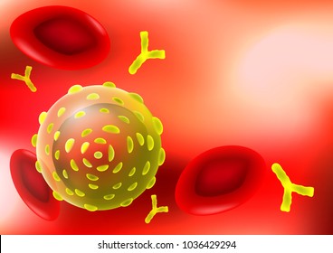 Allergy. Antigen And Antibodies In Blood Flow. Under Microscope. Red Blood Cells On Red Background With Space For Your Text. Vector Illustration. Background Easy Editable For Your Color