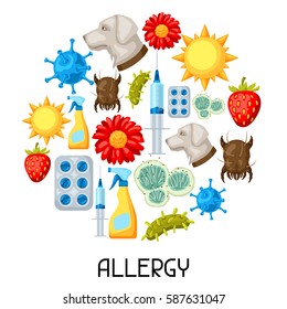 Allergy. Background with allergens and symbols. Vector illustration for medical websites advertising medications.