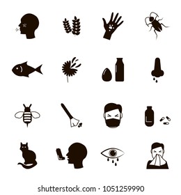 Allergy black icons set, vector illustration. Allergic symptoms and triggers , signs collection. Isolated