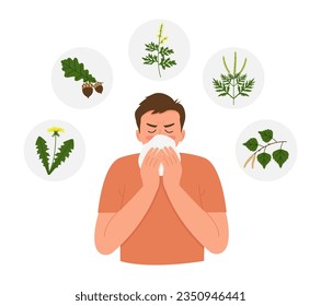 Allergy to bloom. Seasonal allergies. Boy with a runny nose and watery eyes. Symptoms of runny nose and cough.