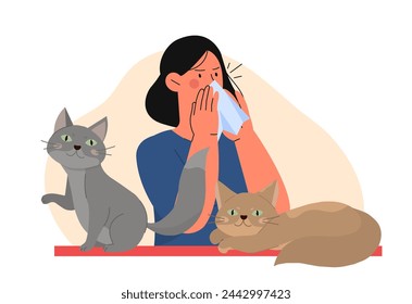 Allergy to cats concept. Young girl with handicrief in hands near grey and brown kittens. Health problems and diseases, illness. Cartoon flat vector illustration isolated on white background