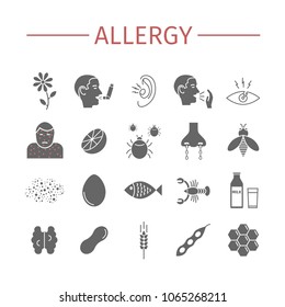 Allergy. Causes, symptoms. Flat icons set. Vector signs for web graphics.