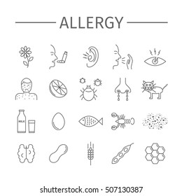 Allergy. Causes, symptoms. Line icons set. Vector signs for web graphics.