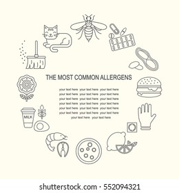 Allergy causes vector illustration. The most common allergens black on white line style icons set. Medical background. Medicine and health pattern.