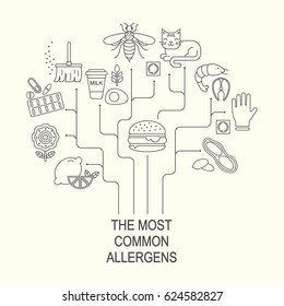 Allergy causes vector illustration. The most common allergens black on white line style icons set. Medical background. Medicine and health pattern.