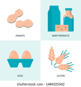 Allergy causing products icon set in flat style. Food intolerance concept symbols set. Vector illustration.