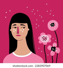 Allergy. Character with allergy signs. Tears on the face, red nose, sneezing. Seasonal allergy diagnosis and immunotherapy concept. Flat illustration 