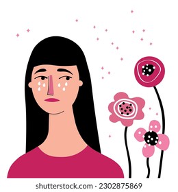 Allergy. Character with allergy signs. Tears on the face, red nose, sneezing. Seasonal allergy diagnosis and immunotherapy concept. Flat cartoon illustration.Vector